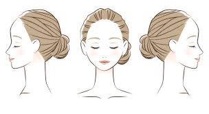 Dibujo de rostro de mujer con tres perspectivas una de frente, una del lado derecho y otra del lado izquierdo